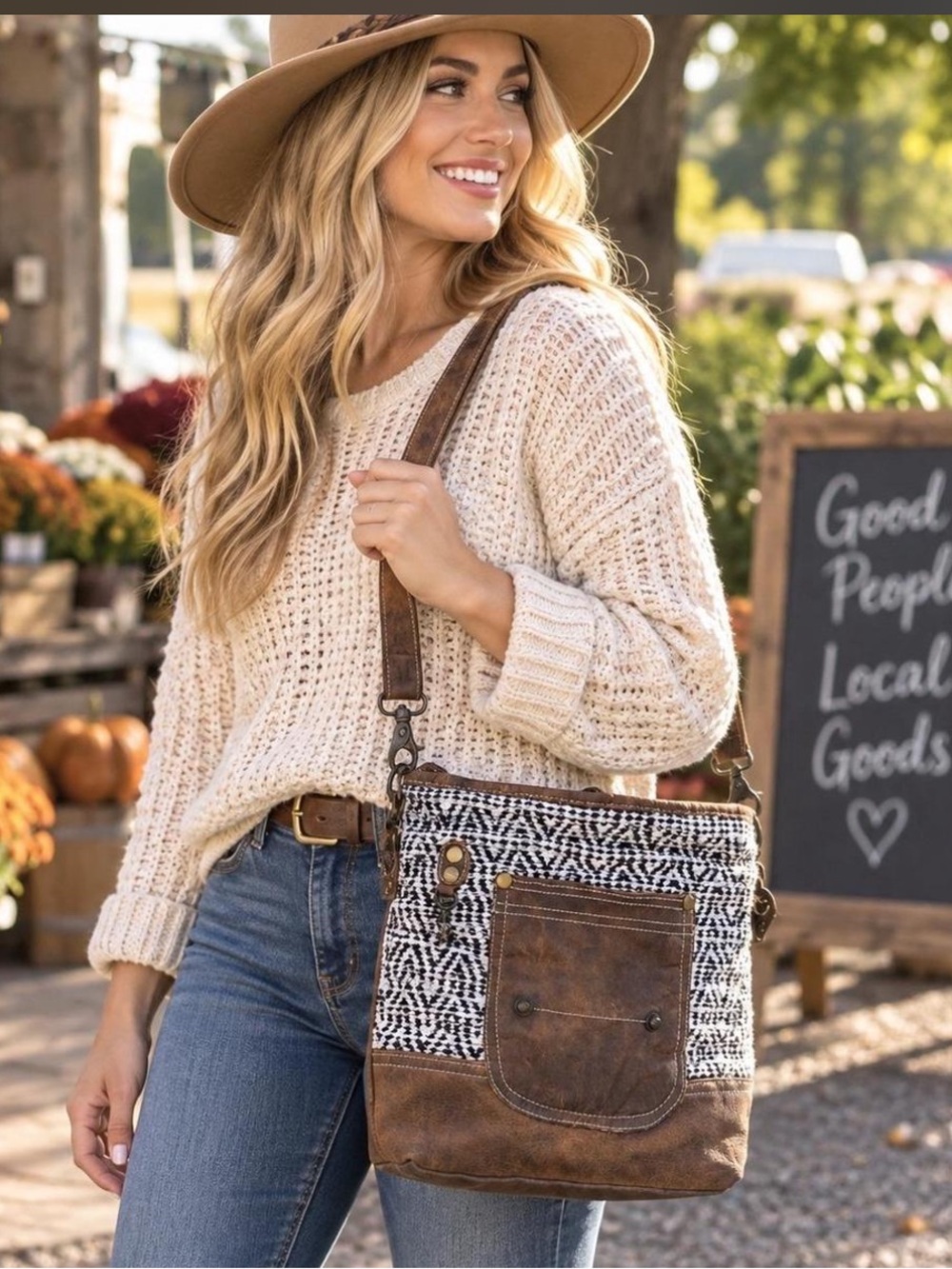 Myra Bag | Sapphire Crossbody Patterned Tapestry & Genuine Leather Bag w/Strap